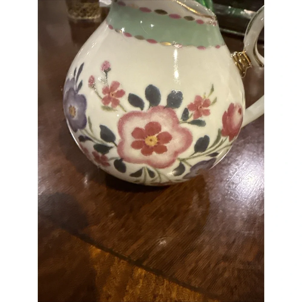 Small Gold Trimmed Creamer Pitcher Jug - White Pink & Purple Flowers